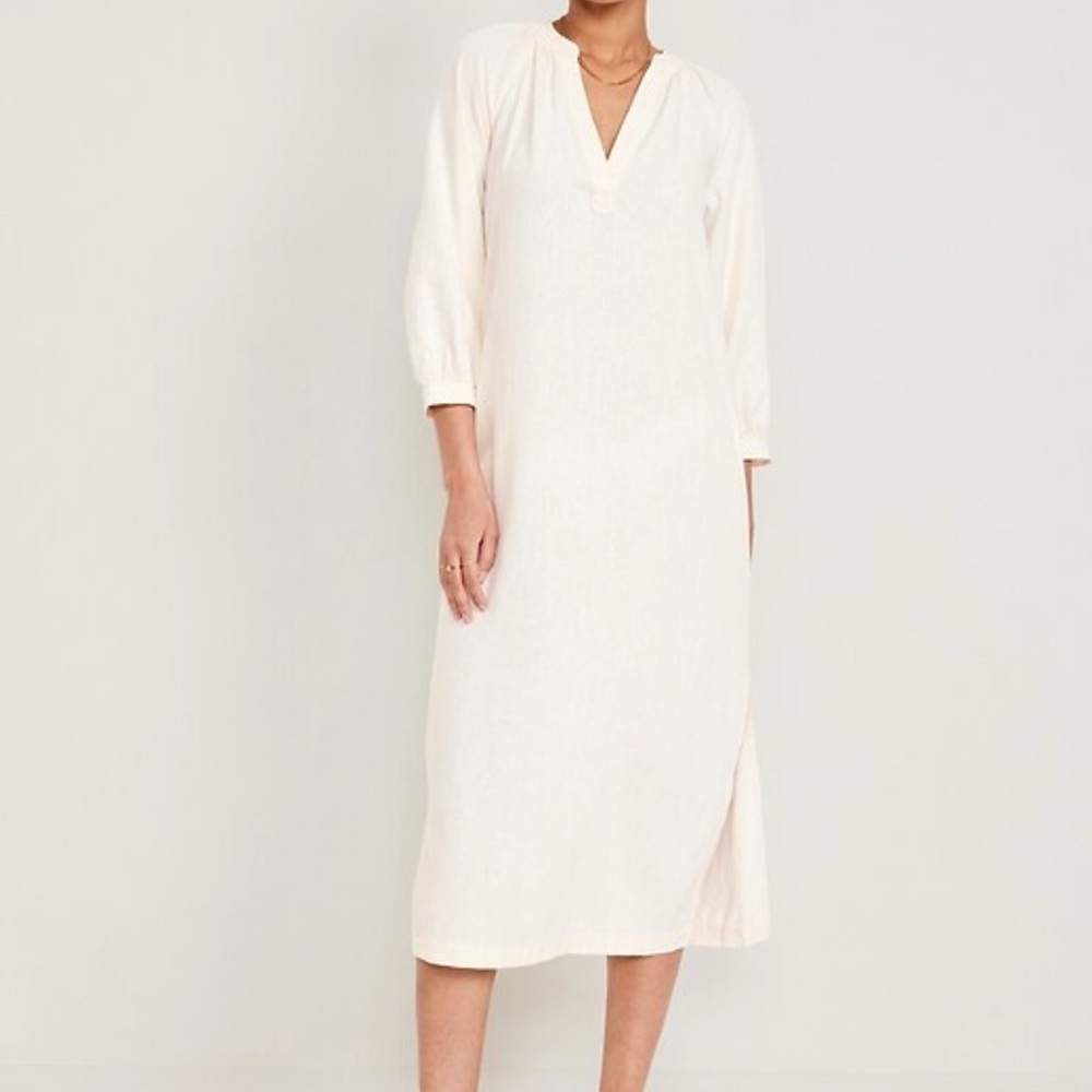 NWT Old Navy women’s Ivory Split Neck Linen Blend Midi Dress size XS petite